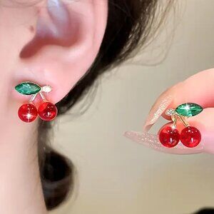 Cherry Rhinestone Earrings Fun Sylish Bomb Cherries Sexy Sparkle Glam Y2K Fruit